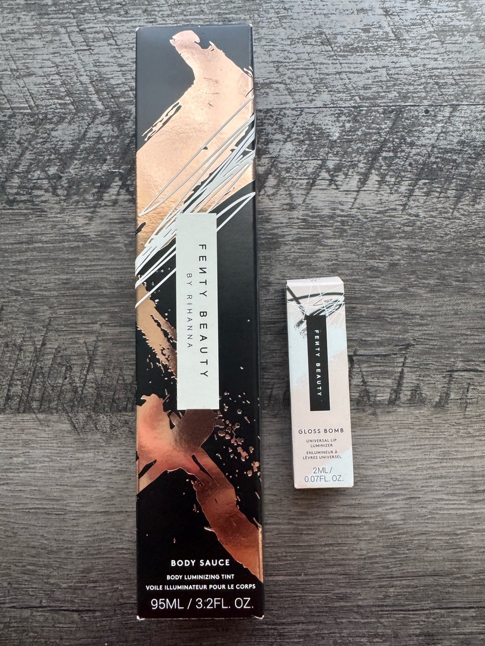 Fenty Beauty Body Sauce Agave Spice Full Size + Gloss Bomb Fussy Travel Size
